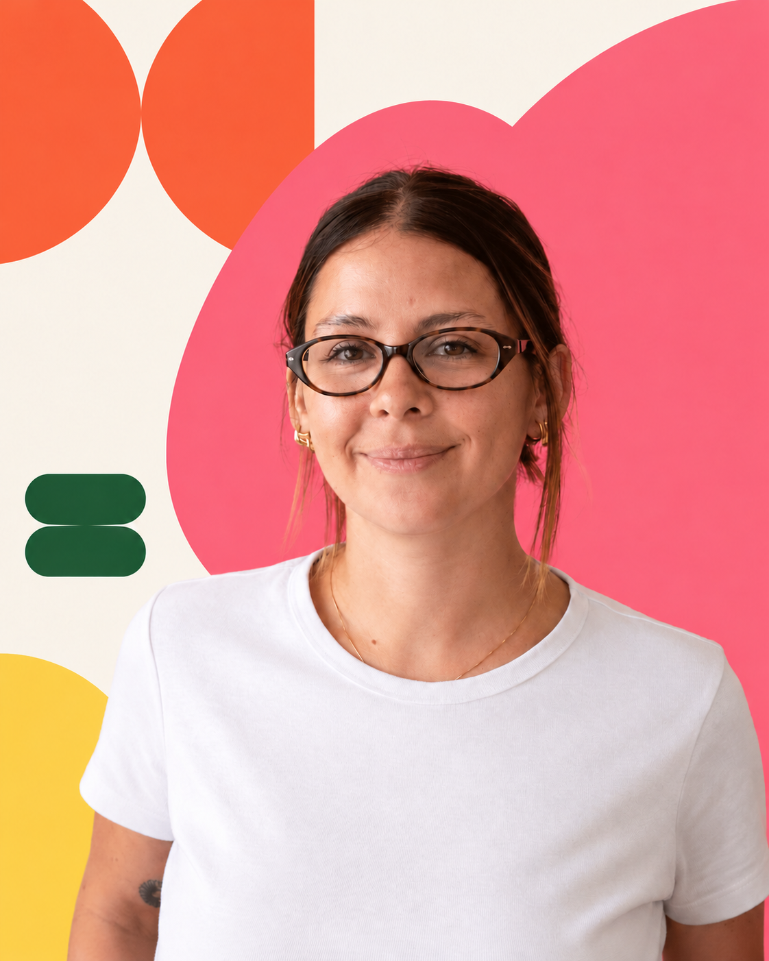 Portrait of Belu Guardia framed by colorful shapes