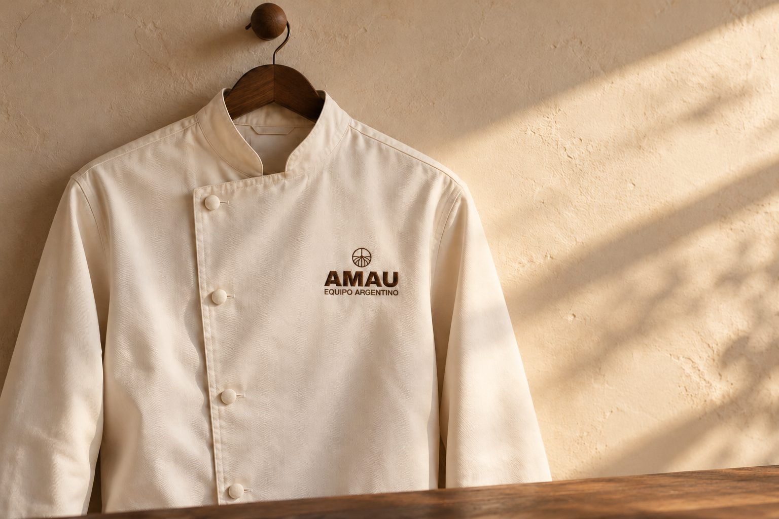 Conceptual ivory AMAU chef jacket with a small chest logo